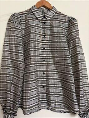 Stella Nova Metallic sheer Striped Button-Up Blouse - Silver & Black